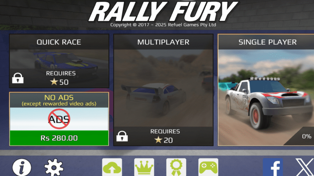Rally Fury MOD APK main menu showing unlocked modes and ad-free gameplay